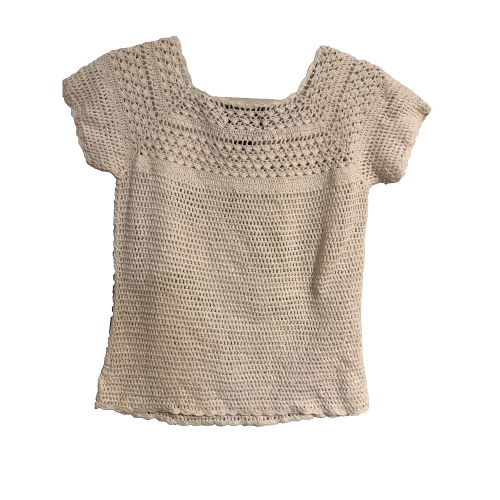 Eddie Bauer Blouse SZ Petite Medium Hand-Crocheted White Coastal Twee Artsy - Picture 2 of 4